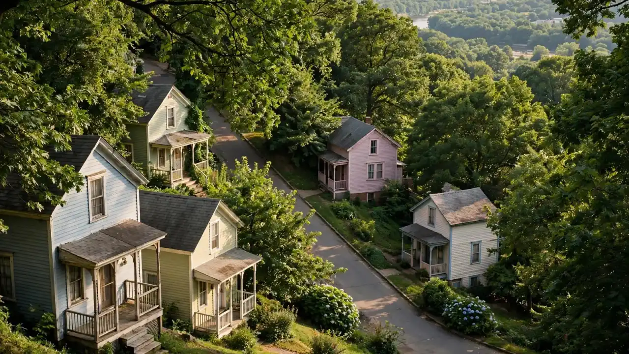 Small historic frame houses on a hillside street with trees