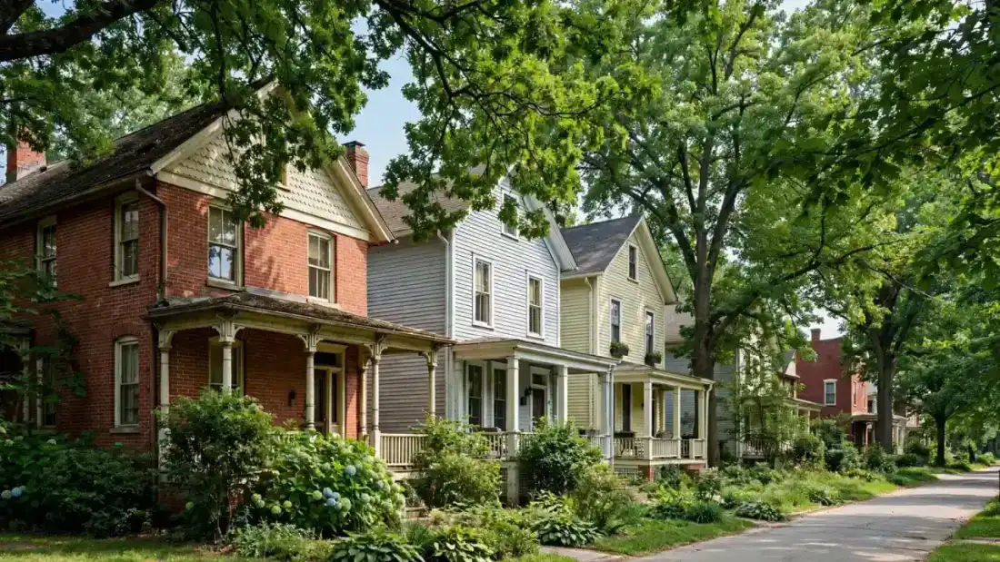 Detached early 1900s houses with porches and big trees