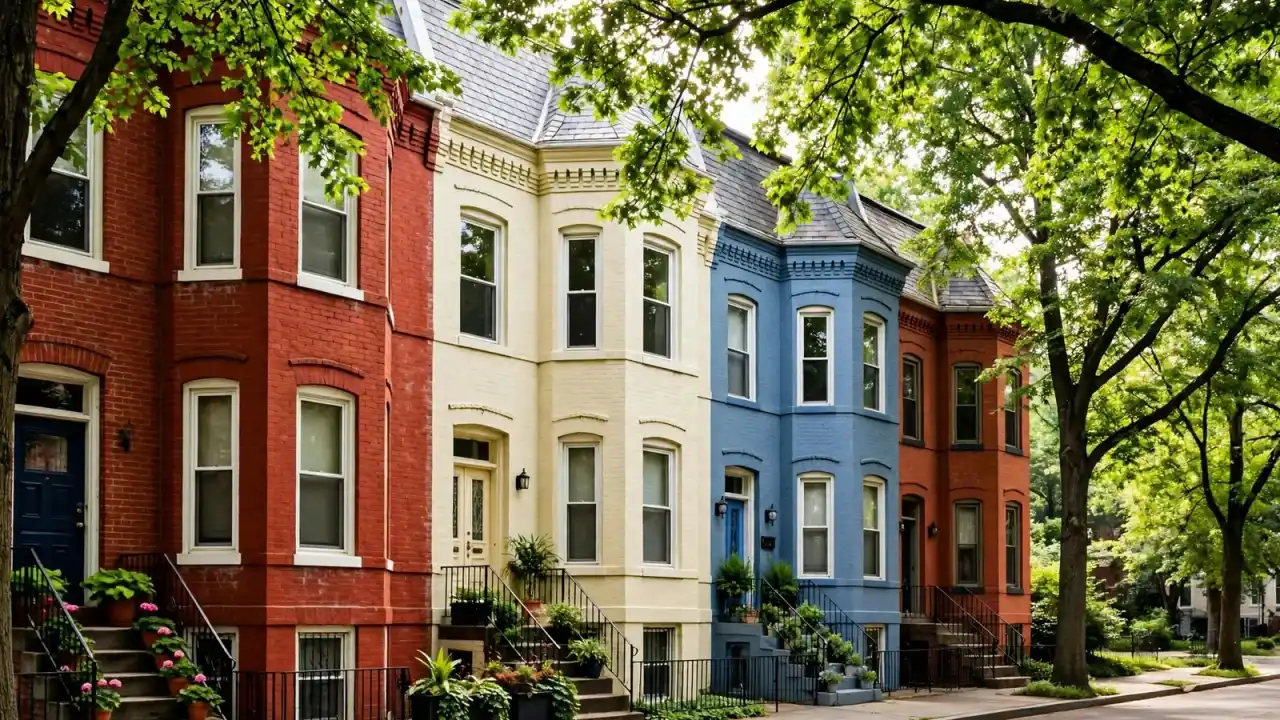 Colorful brick rowhouses with bay fronts and iron railings on a tree-lined street