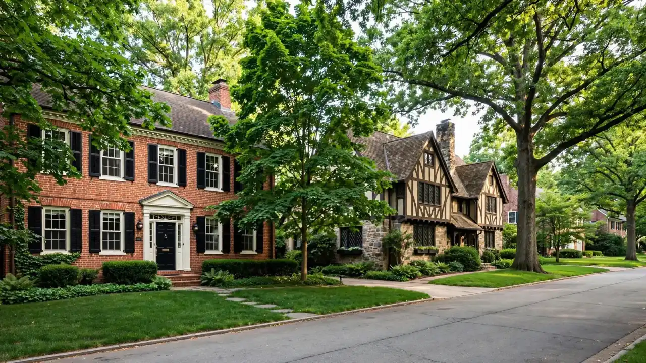 Detached brick colonial and Tudor homes with mature trees and lawns