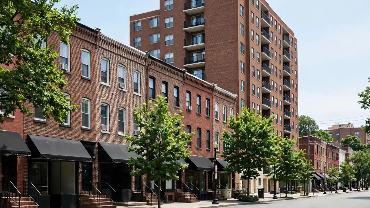 Dense brick rowhouses and a mid-rise apartment building on a busy street