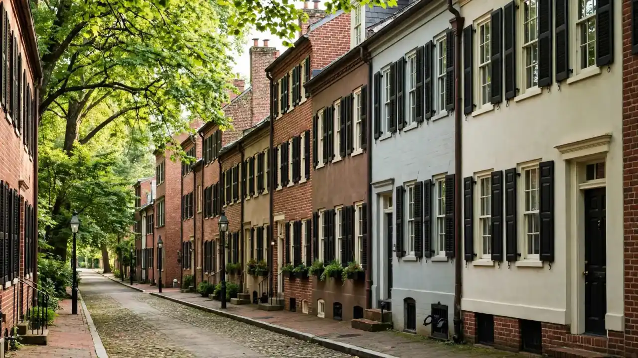 Narrow federal-style brick rowhouses on a Georgetown street