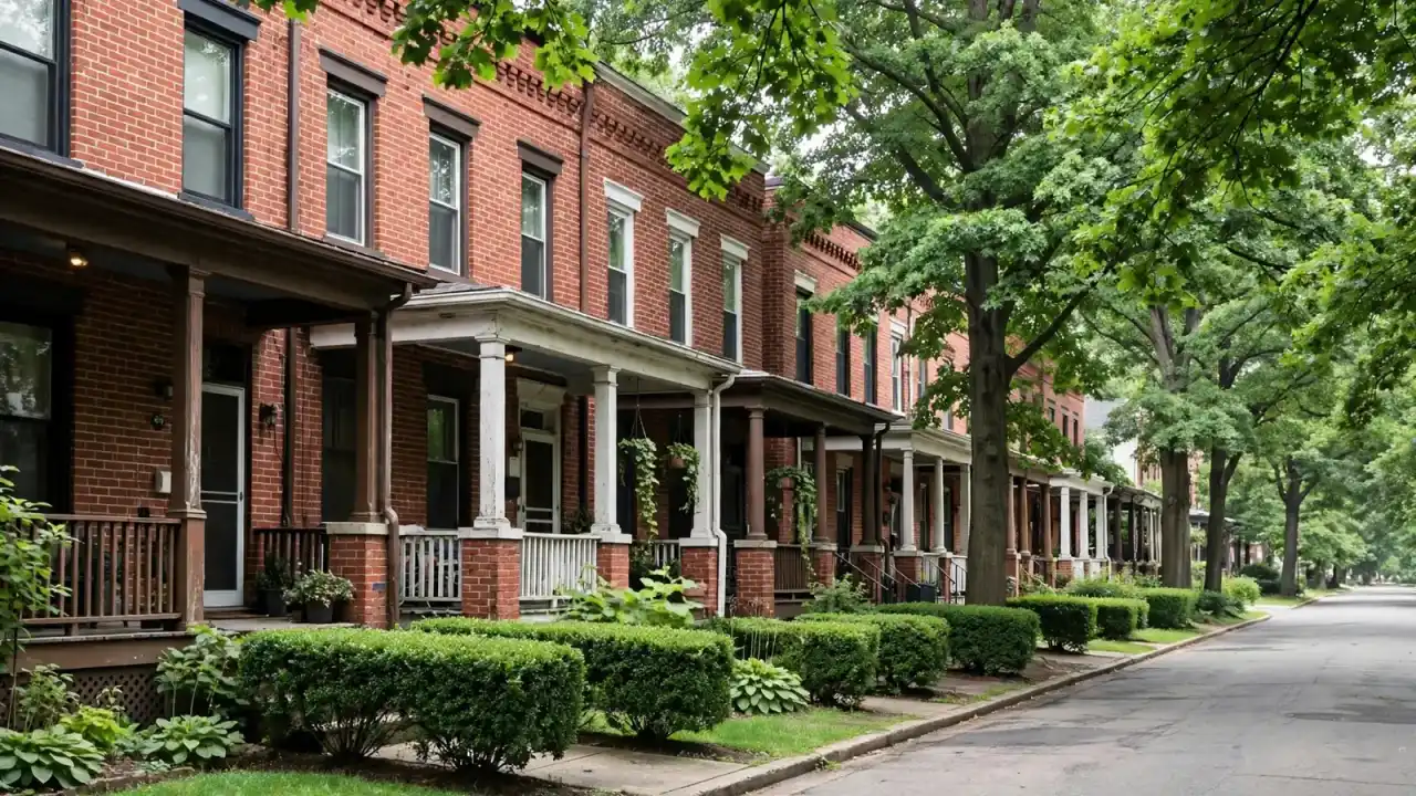 Porch-front brick rowhouses with small front yards on a tree-lined street