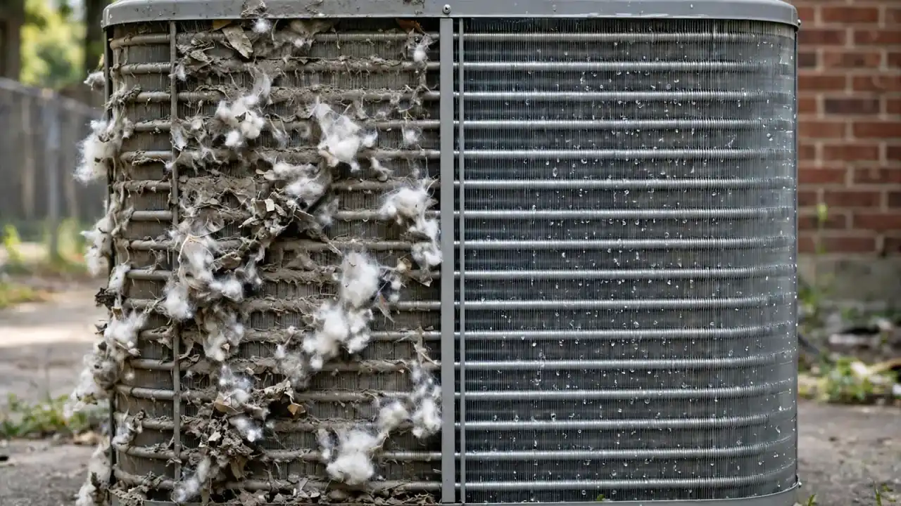 Split image of a condenser coil clogged with fluff on the left and clean on the right
