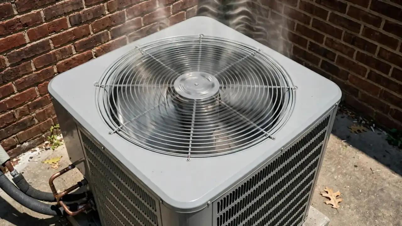 Outdoor condenser running in heat shimmer on a hot day