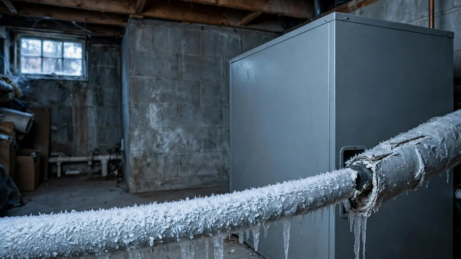 Ice-covered refrigerant line at an indoor air handler
