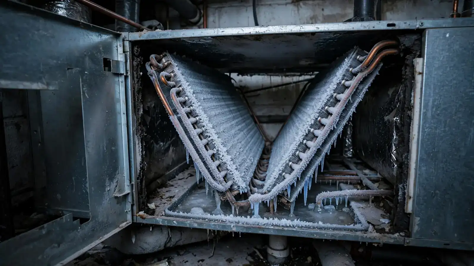 Frost on an evaporator coil seen through an open access panel