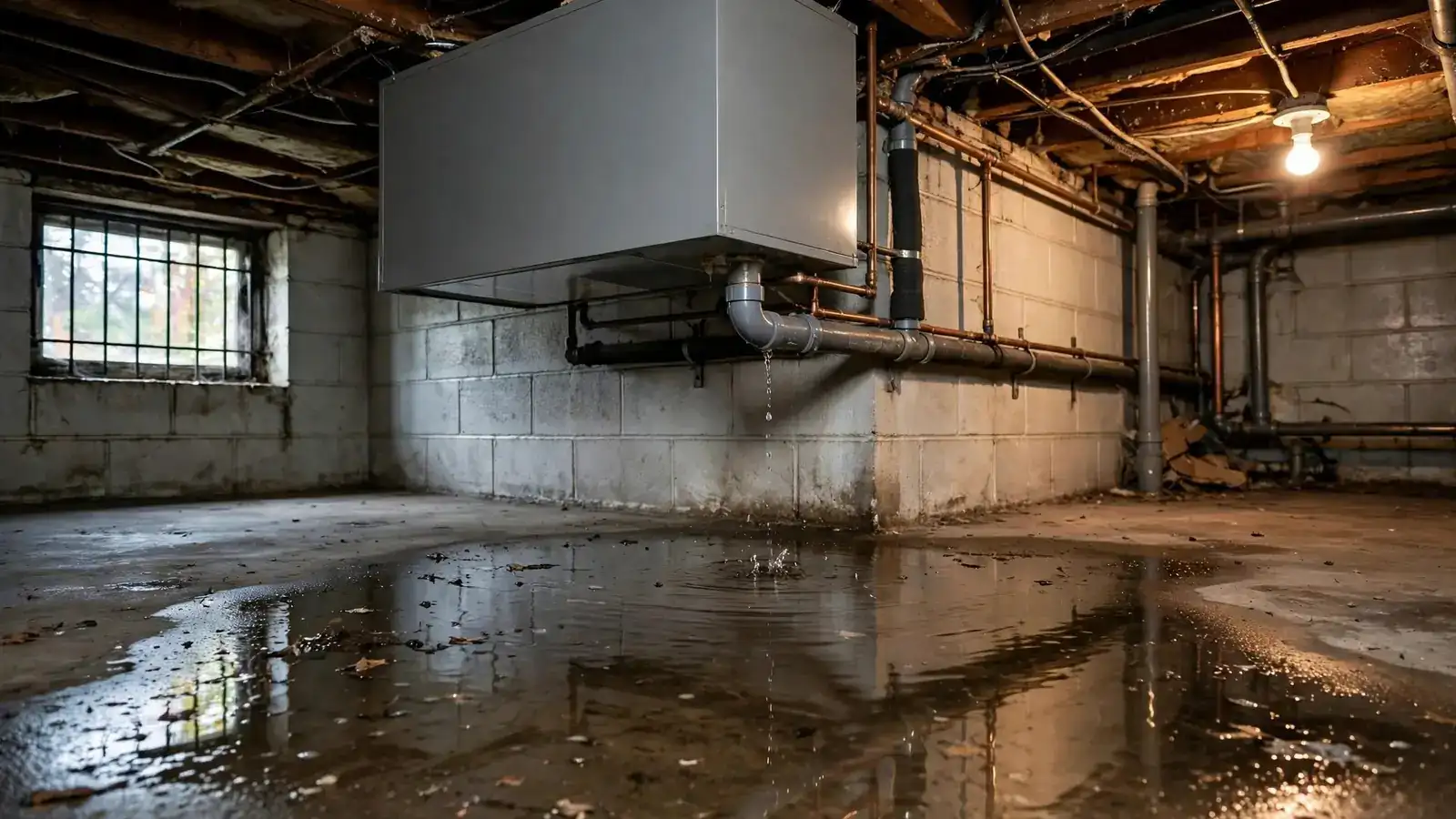 Water puddle on a basement floor under an indoor air handler