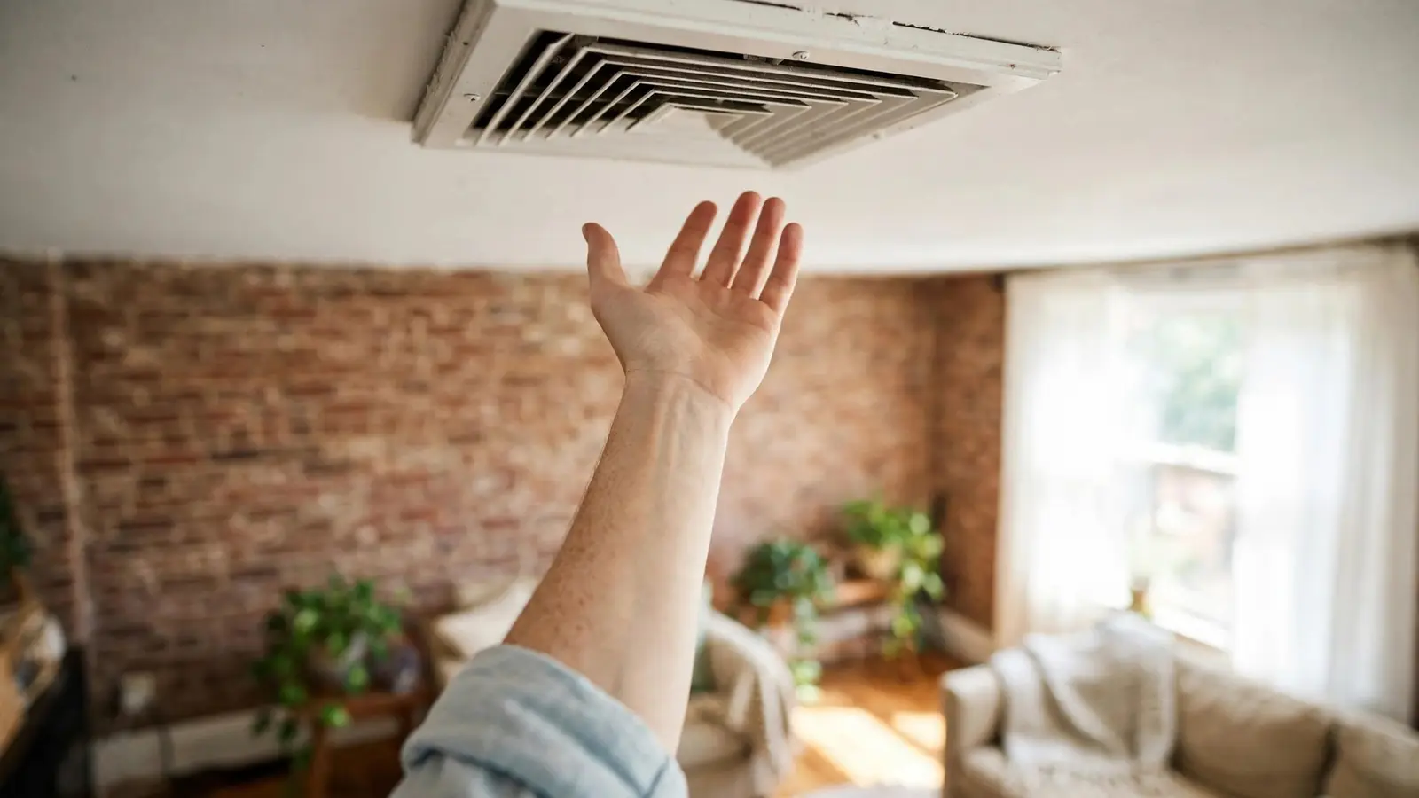 Hand held up to a ceiling vent feeling the air
