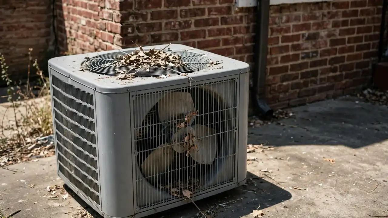 Outdoor unit with its fan not spinning and leaves on top