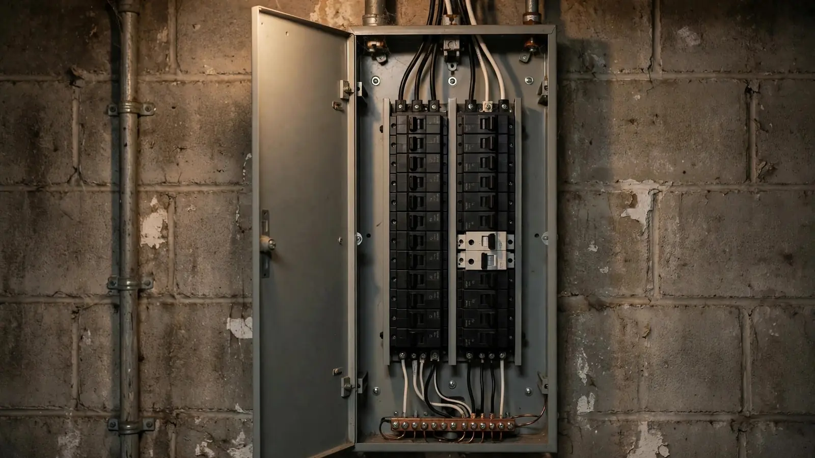 Residential breaker panel with one breaker tripped