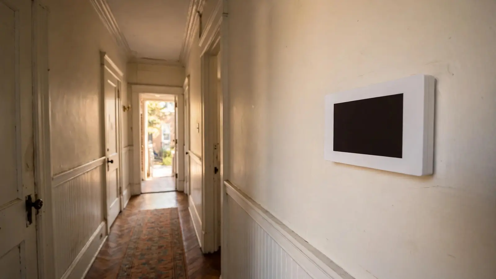 Thermostat with a blank display on a wall