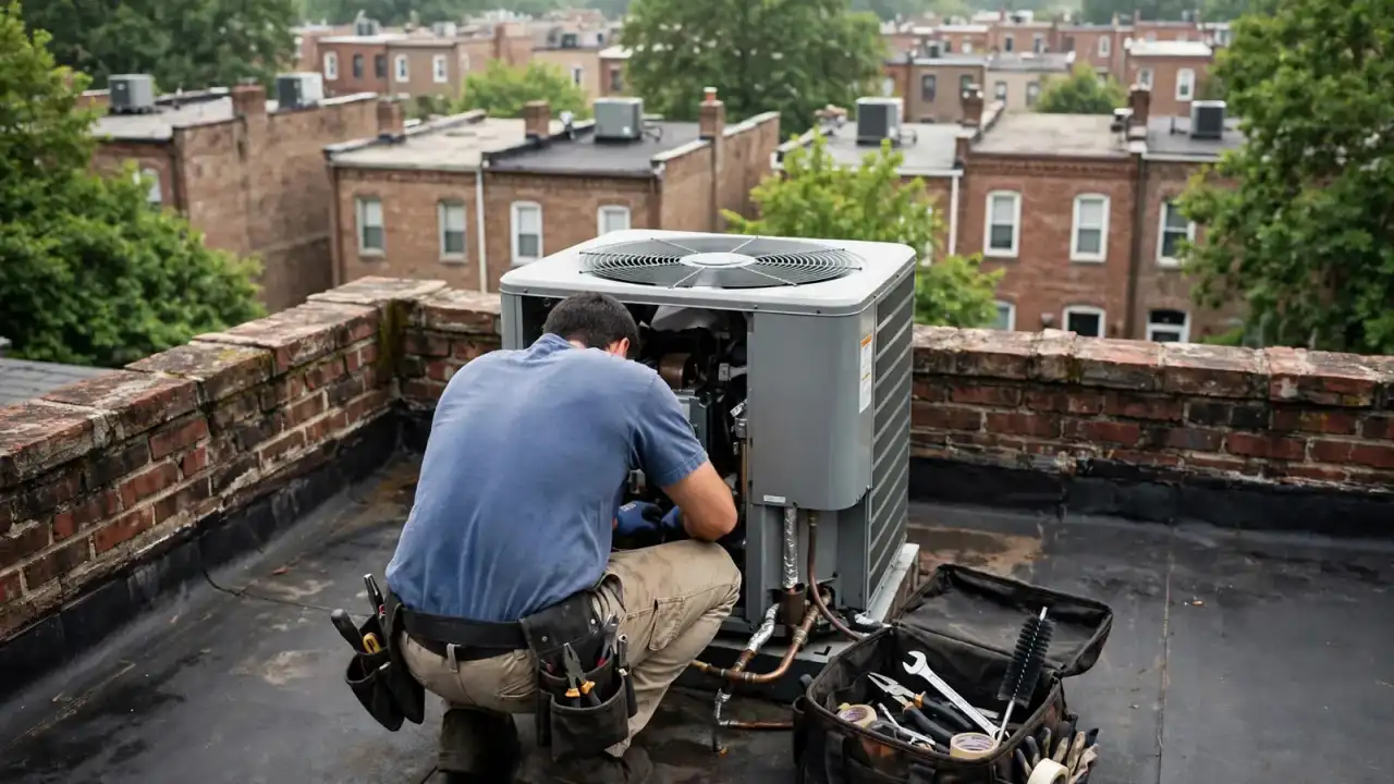 HVAC technician seen from behind checking an outdoor condenser on a rowhouse rooftop