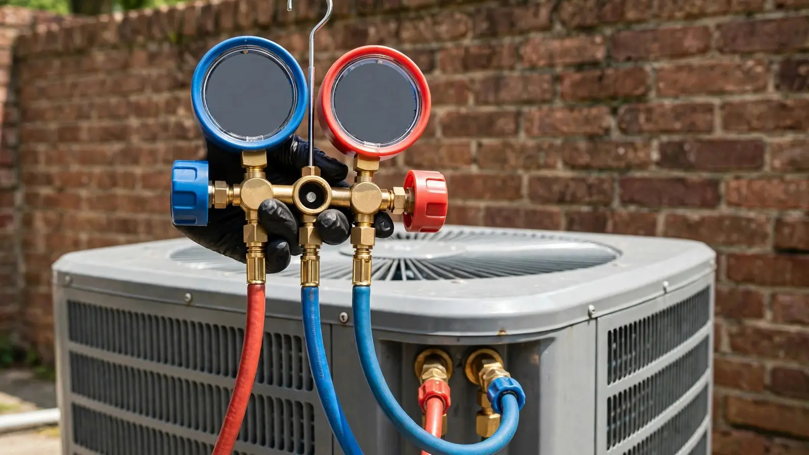 Technician's gloved hands holding refrigerant gauges connected to an outdoor unit