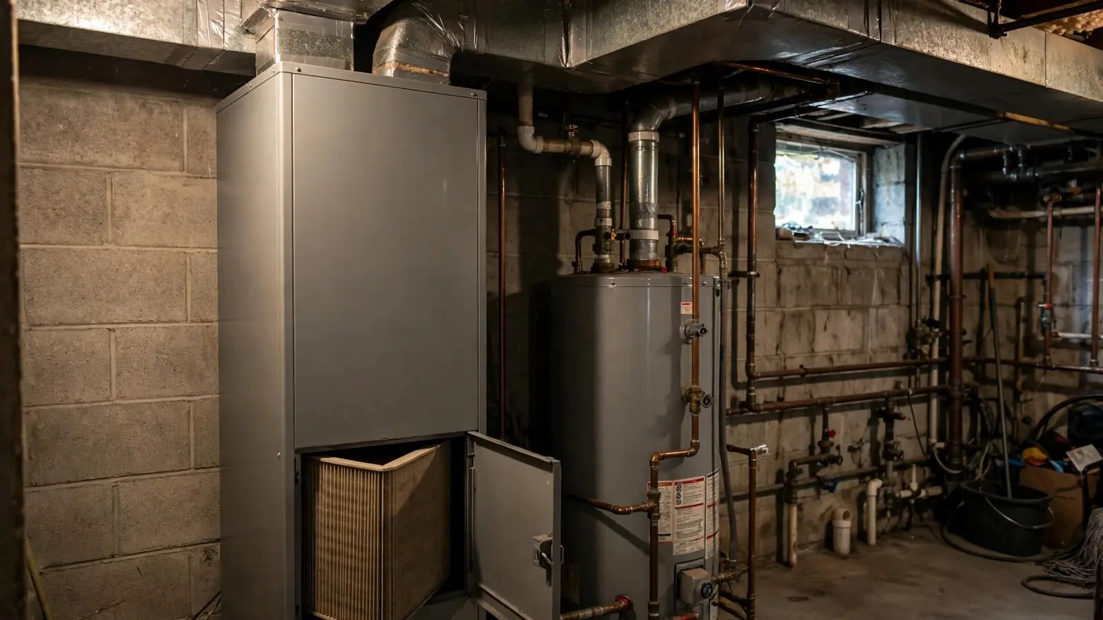 Indoor air handler in a basement utility closet with a filter slot open