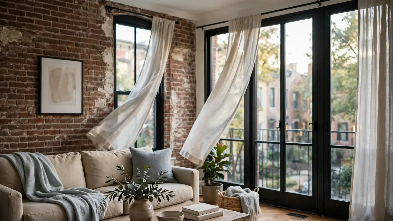 Cool, comfortable living room in a renovated rowhouse in afternoon light