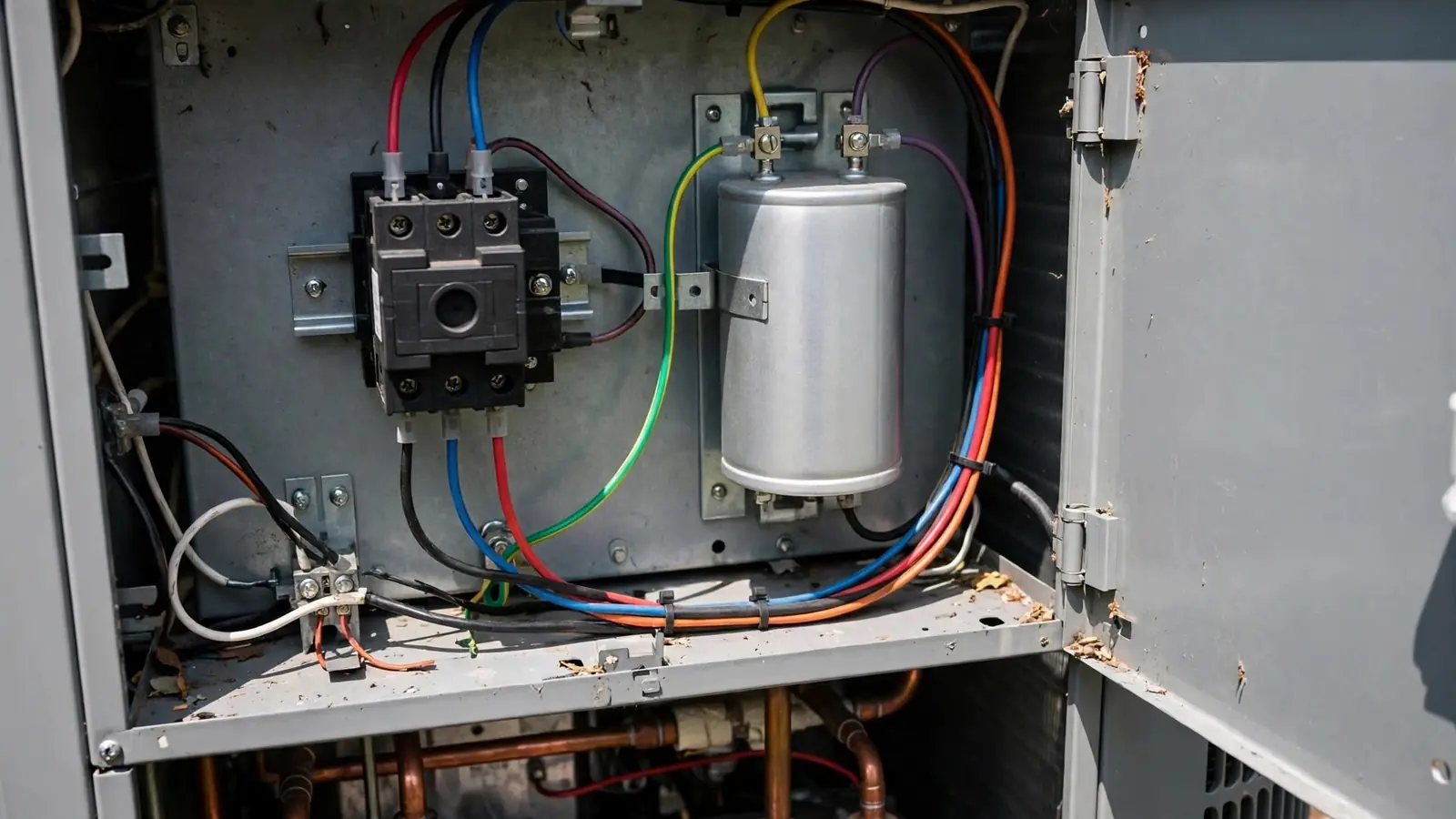 Open outdoor unit service panel showing a capacitor and wiring
