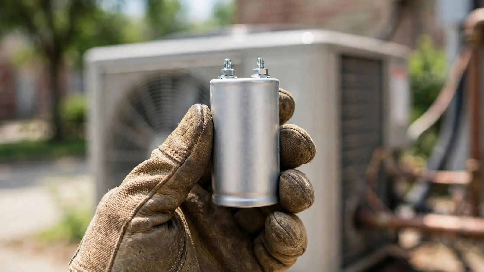 Gloved hand holding a cylindrical run capacitor