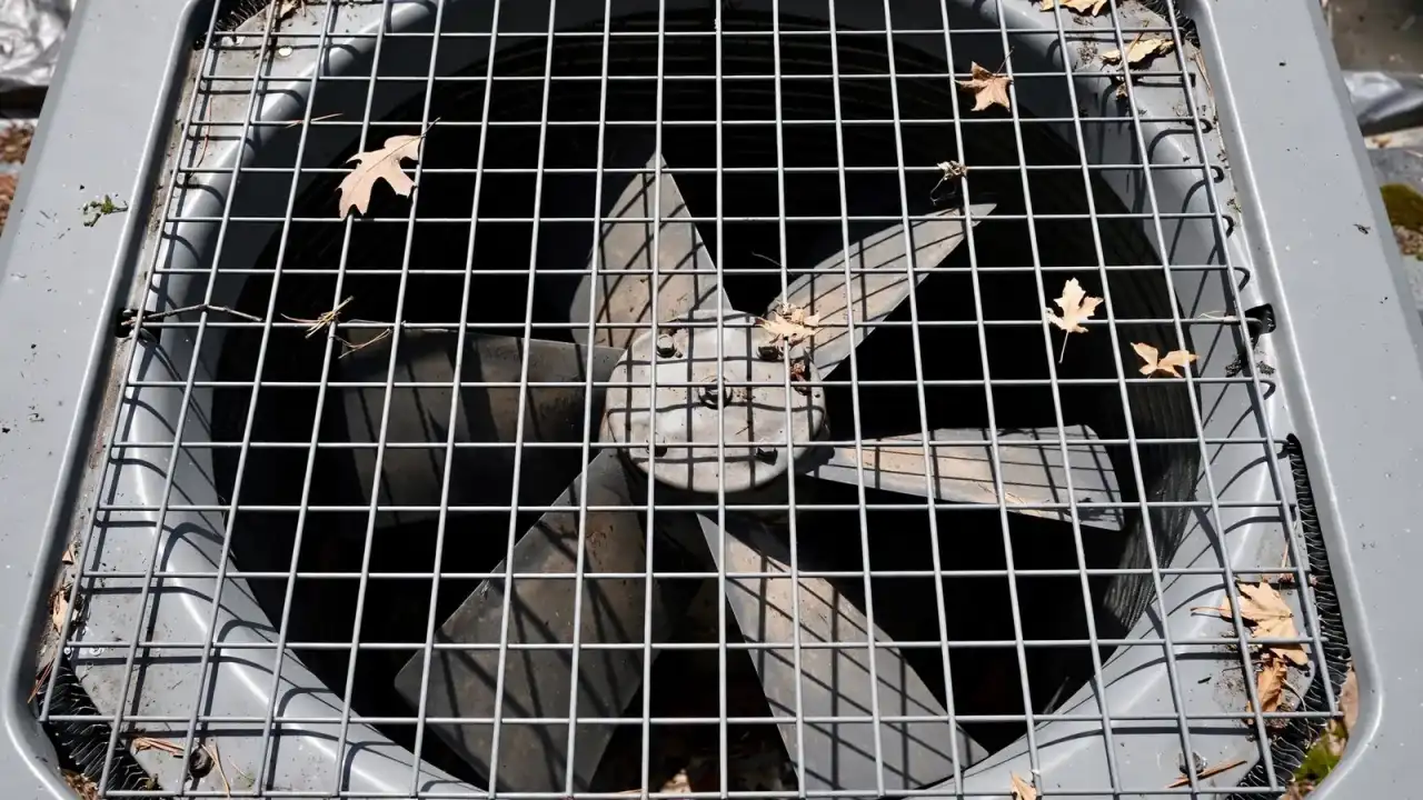 Condenser fan blades seen from above with the fan stopped