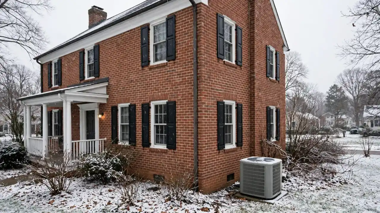 Heat pump outdoor unit beside a detached brick colonial in light snow