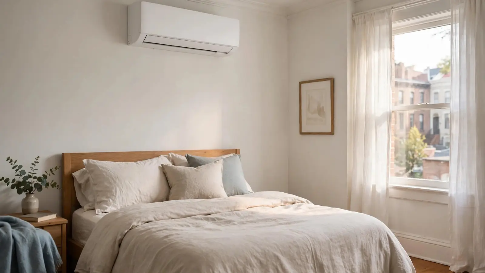 Ductless mini-split indoor head high on a bedroom wall