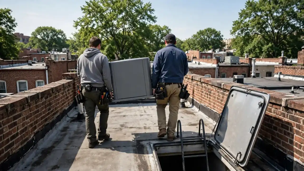 Two technicians from behind carrying a new outdoor unit near a rowhouse roof hatch