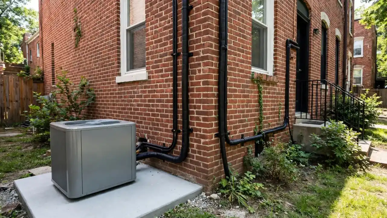 New outdoor condenser on a level pad beside a house with a fresh line set
