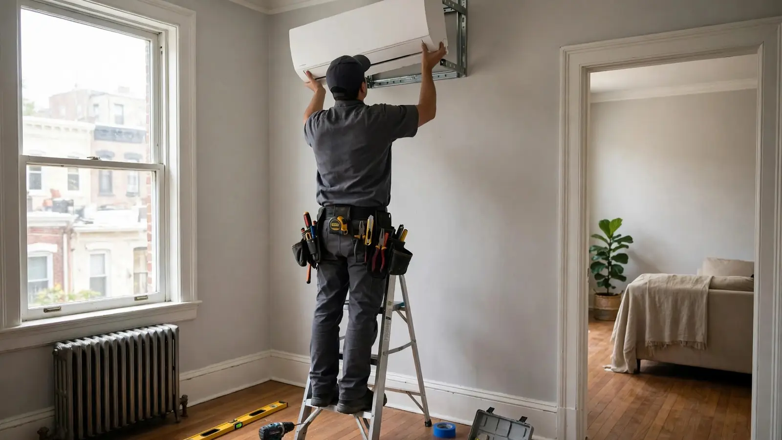 Technician seen from behind mounting a mini-split indoor unit on a wall