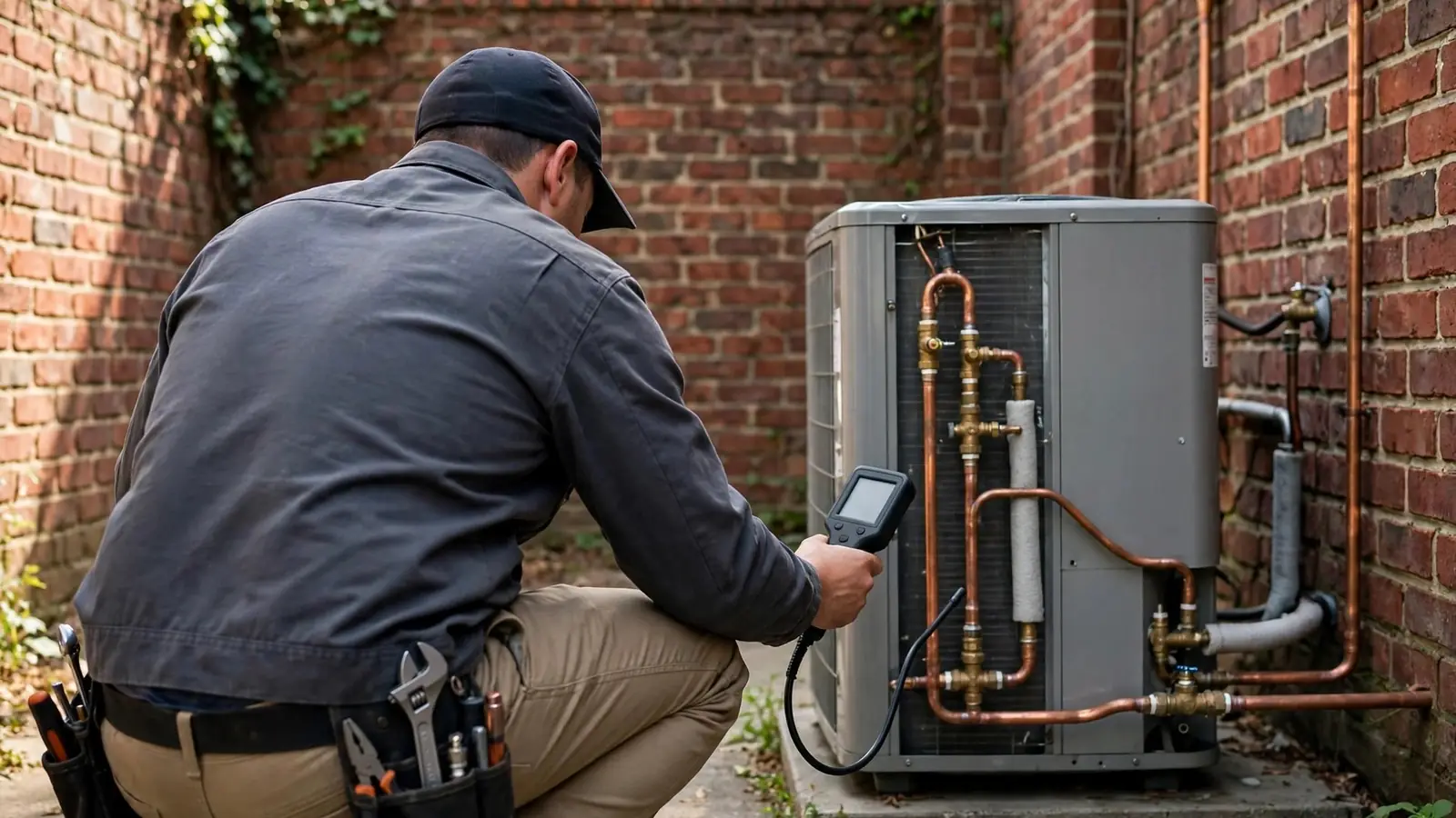Technician seen from behind using a leak detector on copper refrigerant lines