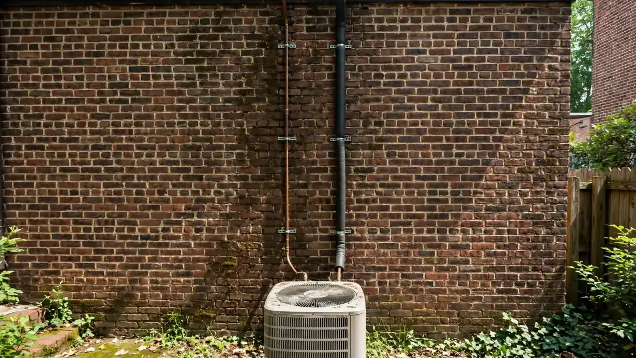Insulated refrigerant line set running down a brick wall