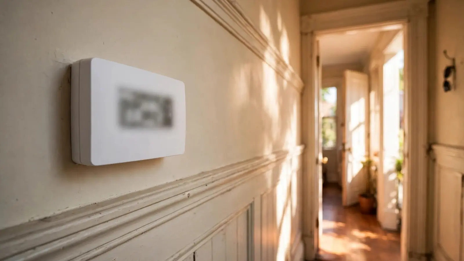 Thermostat on a wall reading a warm indoor temperature in a sunny room