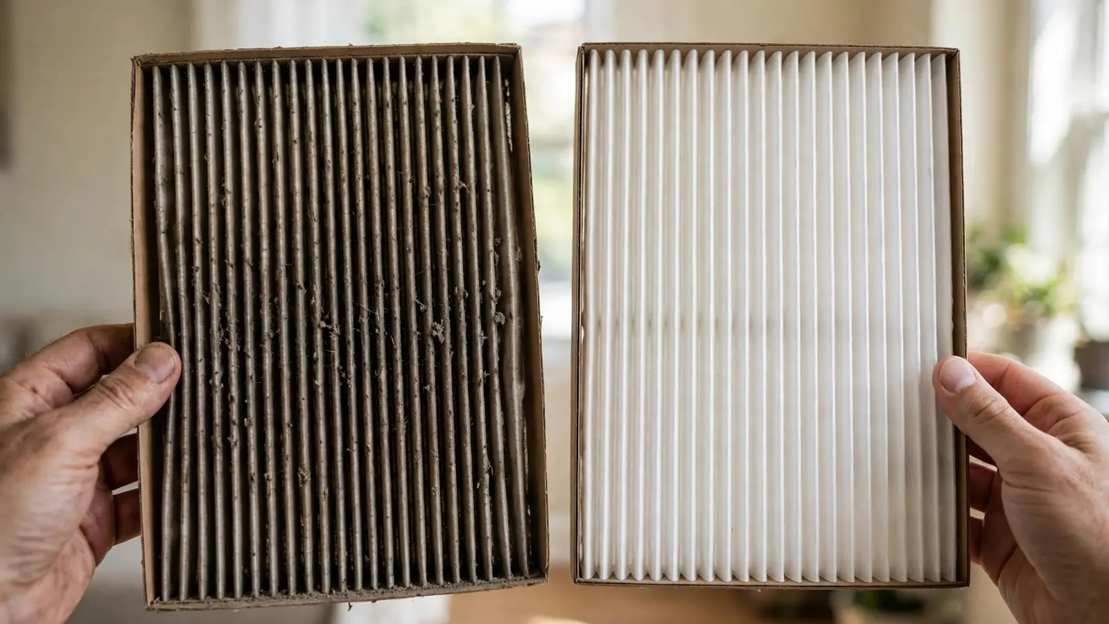 Dirty pleated air filter held next to a clean one